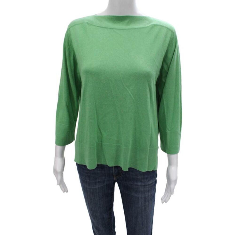 Kinross Cashmere Women Silk Pullover Sweater Boatneck 3/4 Sleeve Green Size XS
